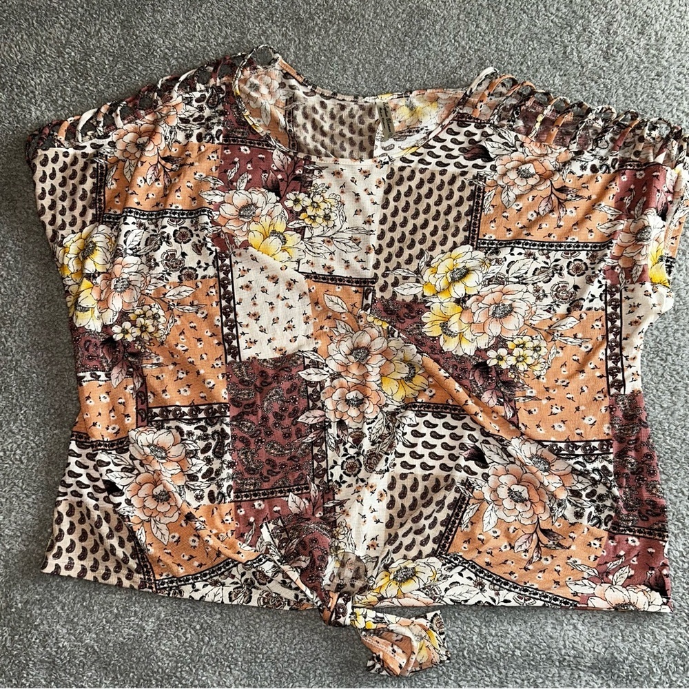 Perseption Relaxed Tie Front Blouse in Brown and Cream